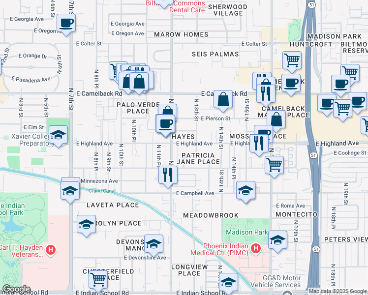 map of restaurants, bars, coffee shops, grocery stores, and more near 1235 East Highland Avenue in Phoenix