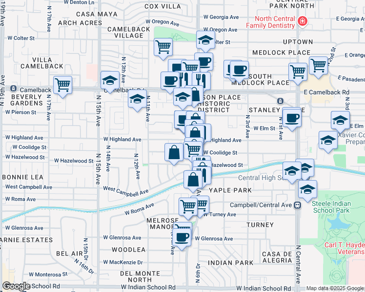 map of restaurants, bars, coffee shops, grocery stores, and more near 729 West Highland Avenue in Phoenix