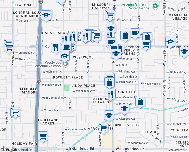 map of restaurants, bars, coffee shops, grocery stores, and more near 4669 North 21st Avenue in Phoenix