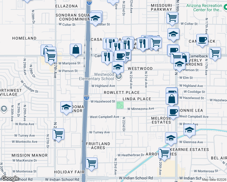 map of restaurants, bars, coffee shops, grocery stores, and more near in Phoenix