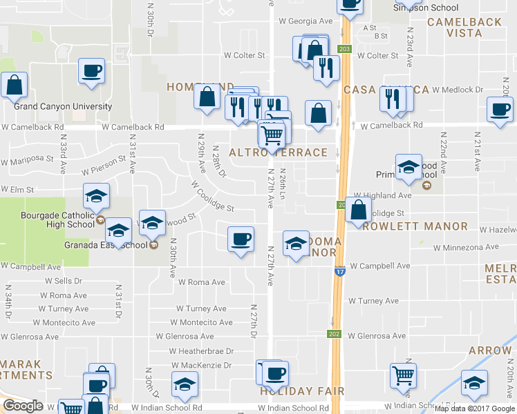 map of restaurants, bars, coffee shops, grocery stores, and more near 4630 North 27th Avenue in Phoenix