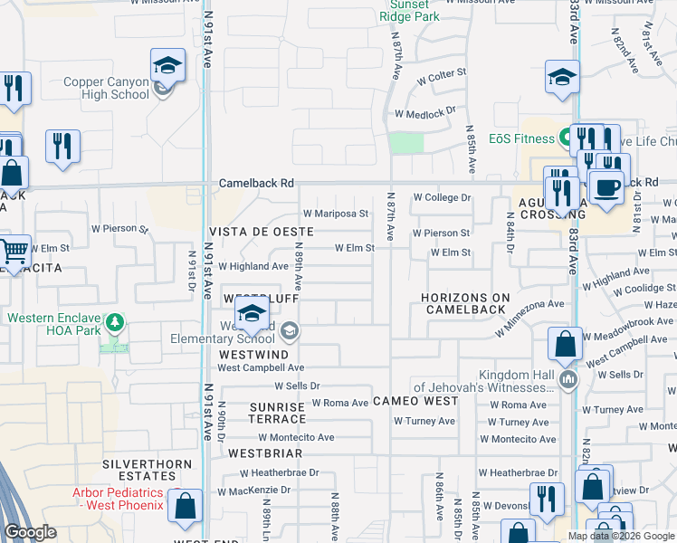 map of restaurants, bars, coffee shops, grocery stores, and more near 8807 West Highland Avenue in Phoenix