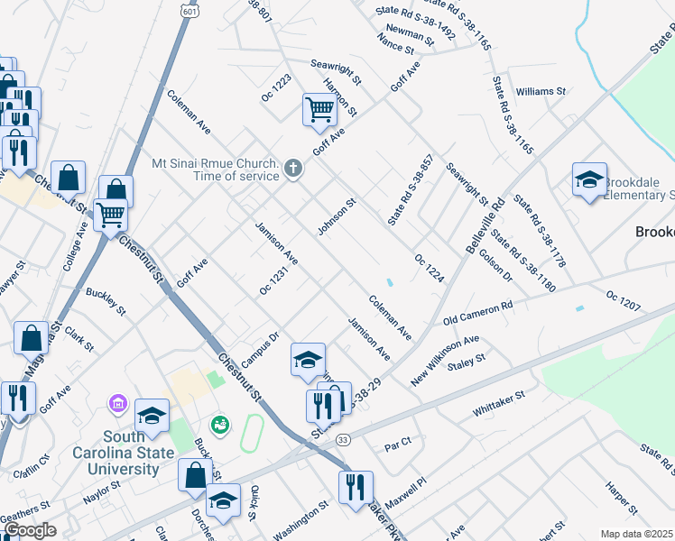 map of restaurants, bars, coffee shops, grocery stores, and more near 425 Coleman Avenue in Orangeburg