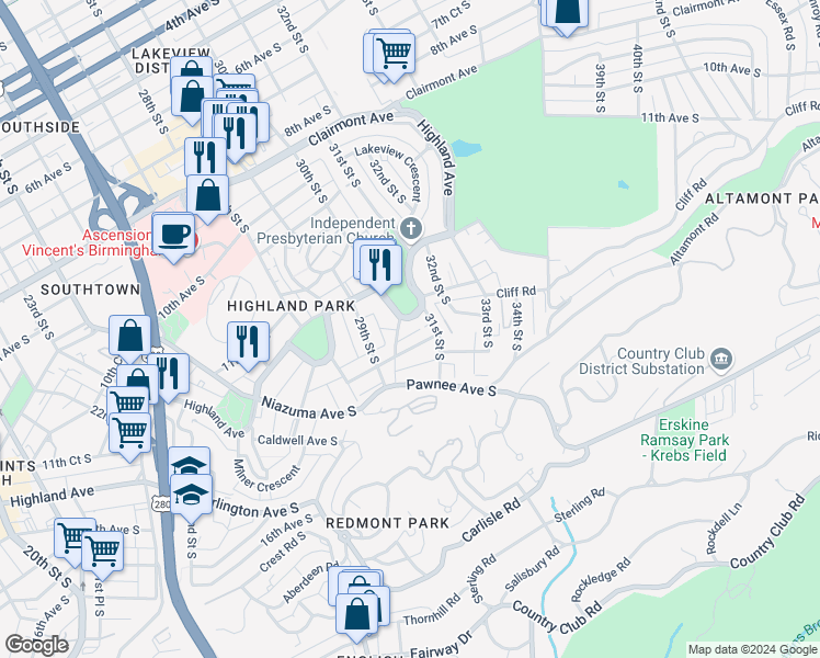 map of restaurants, bars, coffee shops, grocery stores, and more near 3017 Highland Avenue in Birmingham