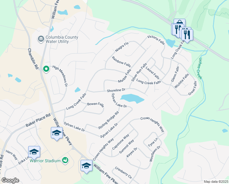 map of restaurants, bars, coffee shops, grocery stores, and more near 1967 Shoreline Drive in Grovetown
