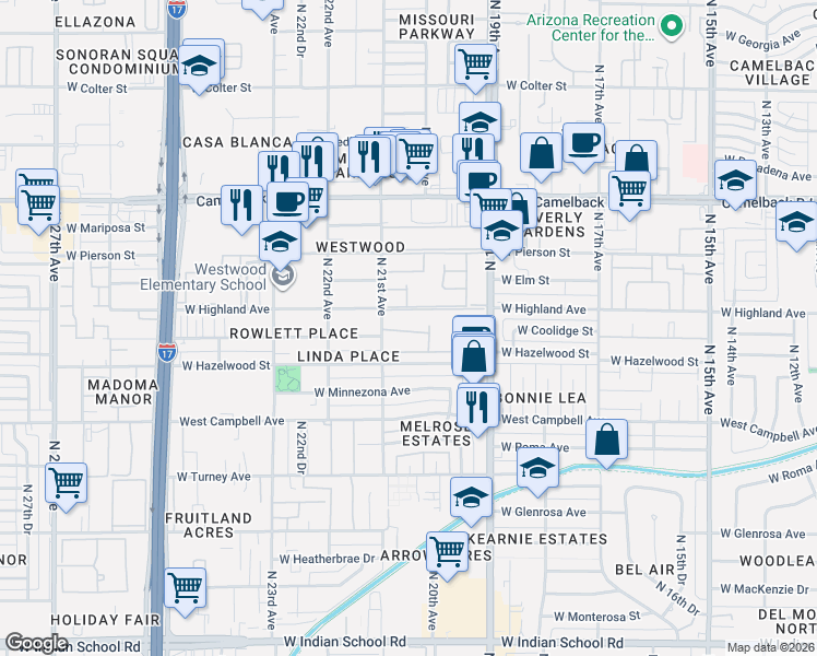 map of restaurants, bars, coffee shops, grocery stores, and more near 4669 North 21st Avenue in Phoenix