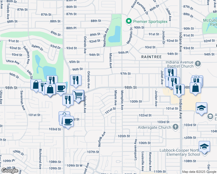 map of restaurants, bars, coffee shops, grocery stores, and more near 9758 Nashville Avenue in Lubbock