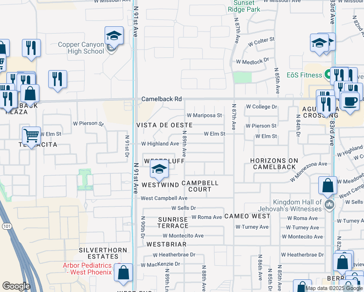 map of restaurants, bars, coffee shops, grocery stores, and more near 8901 West Highland Avenue in Phoenix