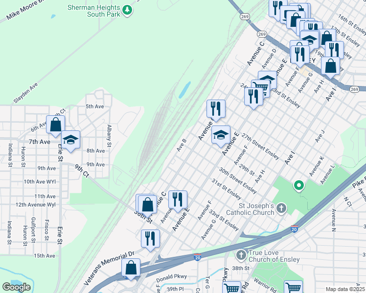 map of restaurants, bars, coffee shops, grocery stores, and more near 201 30th Street Ensley in Bessemer