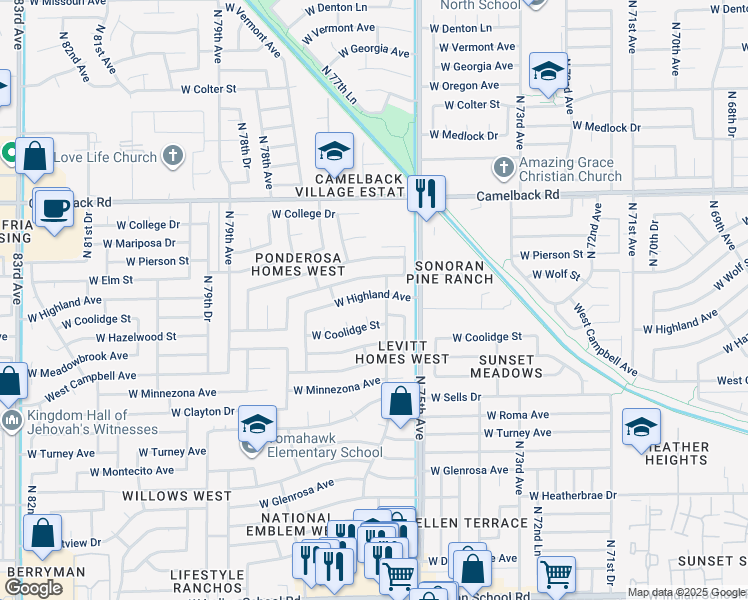 map of restaurants, bars, coffee shops, grocery stores, and more near 7539 West Highland Avenue in Phoenix