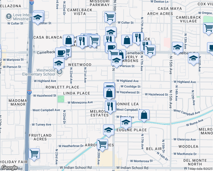 map of restaurants, bars, coffee shops, grocery stores, and more near 1920 West Hazelwood Parkway in Phoenix