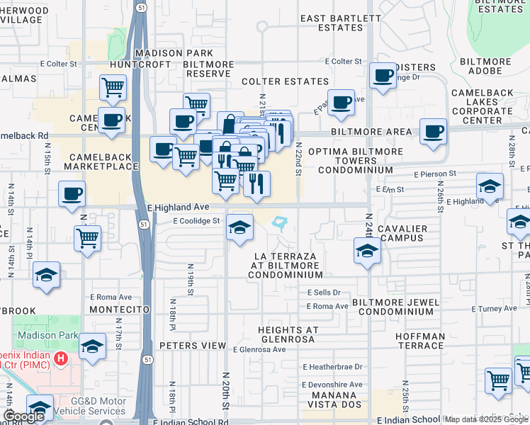 map of restaurants, bars, coffee shops, grocery stores, and more near 2111e East Highland Avenue in Phoenix