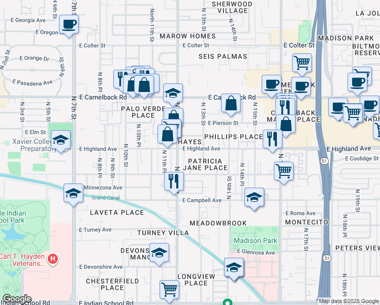map of restaurants, bars, coffee shops, grocery stores, and more near 1235 East Highland Avenue in Phoenix