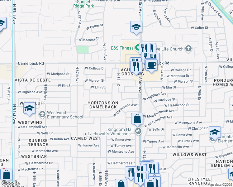 map of restaurants, bars, coffee shops, grocery stores, and more near 4705 North 84th Drive in Phoenix