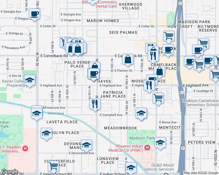map of restaurants, bars, coffee shops, grocery stores, and more near 1235 East Highland Avenue in Phoenix