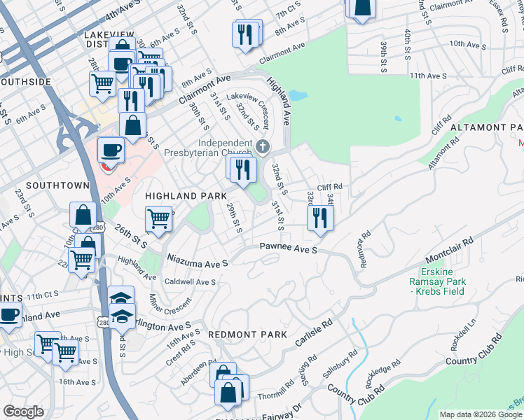map of restaurants, bars, coffee shops, grocery stores, and more near 3017 Highland Avenue in Birmingham