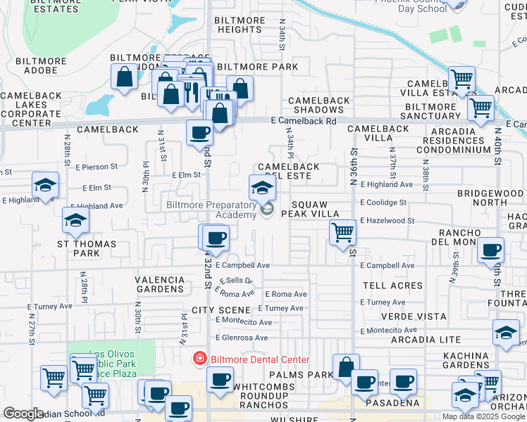 map of restaurants, bars, coffee shops, grocery stores, and more near 4601 North 34th Street in Phoenix