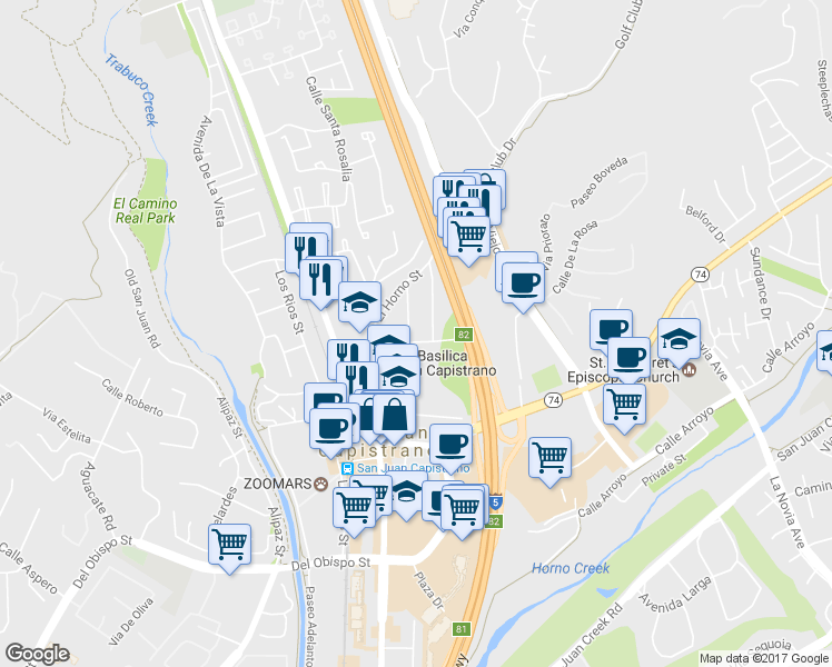 map of restaurants, bars, coffee shops, grocery stores, and more near 31492 La Matanza Street in San Juan Capistrano
