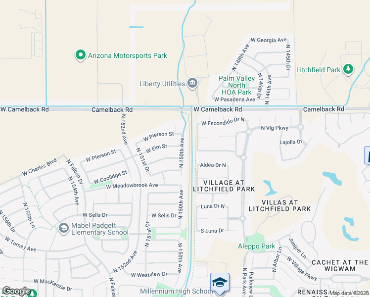 map of restaurants, bars, coffee shops, grocery stores, and more near 4791 North 150th Avenue in Goodyear