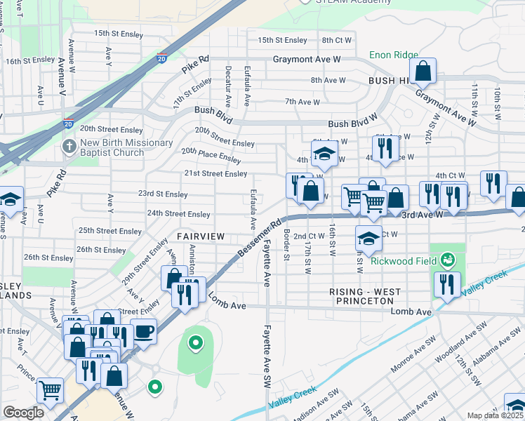 map of restaurants, bars, coffee shops, grocery stores, and more near in Birmingham