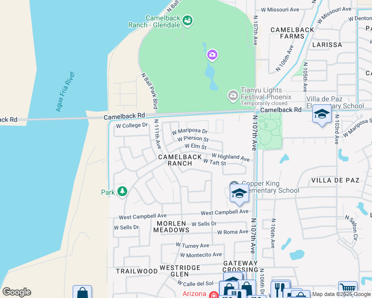 map of restaurants, bars, coffee shops, grocery stores, and more near 10939 West Elm Street in Phoenix