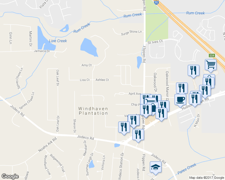 map of restaurants, bars, coffee shops, grocery stores, and more near 73 April Avenue in Stockbridge