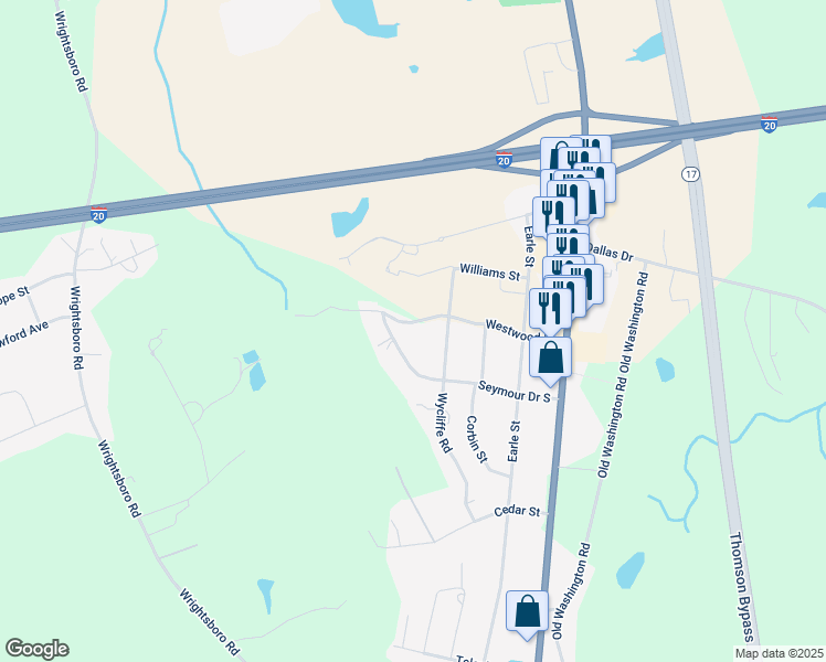 map of restaurants, bars, coffee shops, grocery stores, and more near 286 Westwood Drive in Thomson