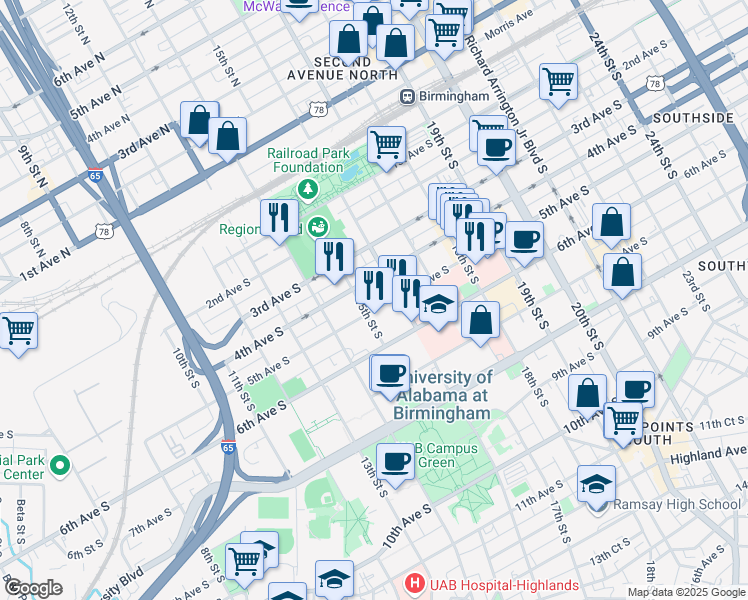 map of restaurants, bars, coffee shops, grocery stores, and more near 1512 5th Avenue South in Birmingham
