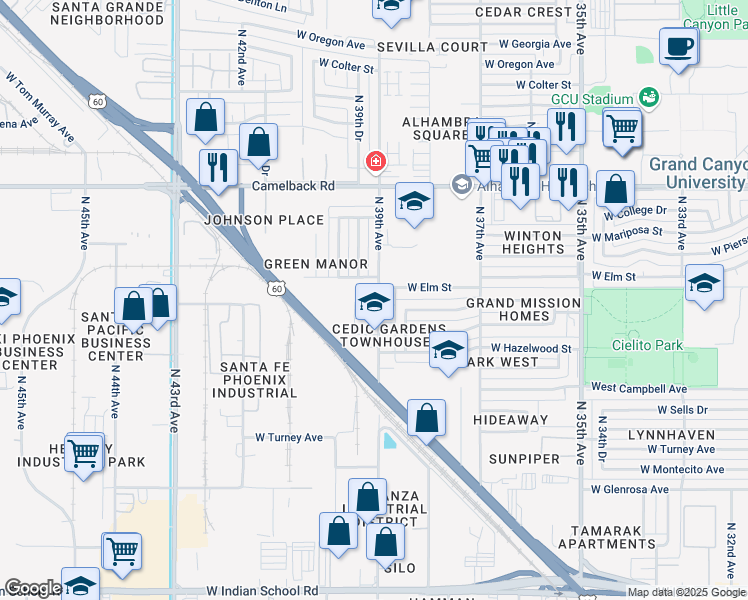 map of restaurants, bars, coffee shops, grocery stores, and more near 4646 North 39th Avenue in Phoenix