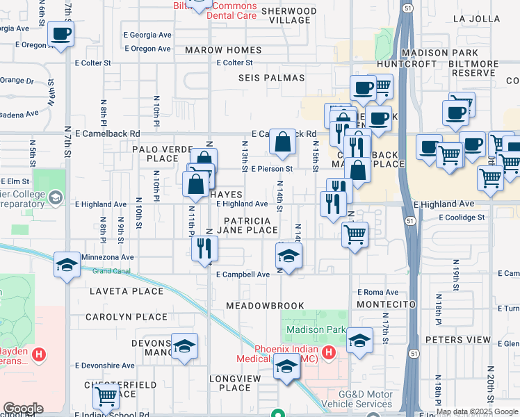 map of restaurants, bars, coffee shops, grocery stores, and more near 1315 East Highland Avenue in Phoenix