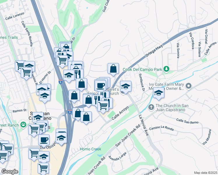 map of restaurants, bars, coffee shops, grocery stores, and more near 27345 Ortega Highway in San Juan Capistrano