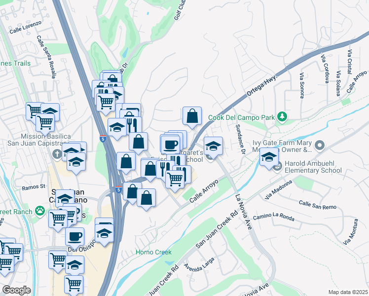 map of restaurants, bars, coffee shops, grocery stores, and more near 27345 Ortega Highway in San Juan Capistrano