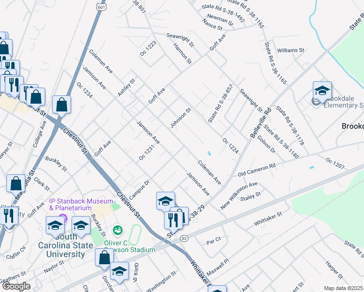 map of restaurants, bars, coffee shops, grocery stores, and more near 1491 Campus Drive in Orangeburg