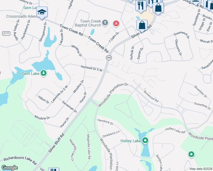 map of restaurants, bars, coffee shops, grocery stores, and more near 1385 Silver Bluff Road in Aiken