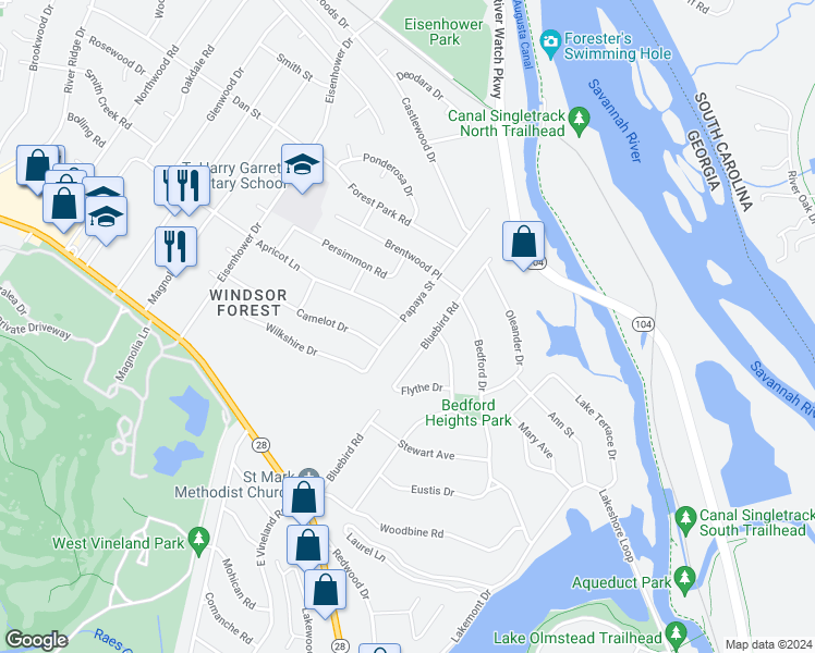 map of restaurants, bars, coffee shops, grocery stores, and more near 918 Papaya Street in Augusta