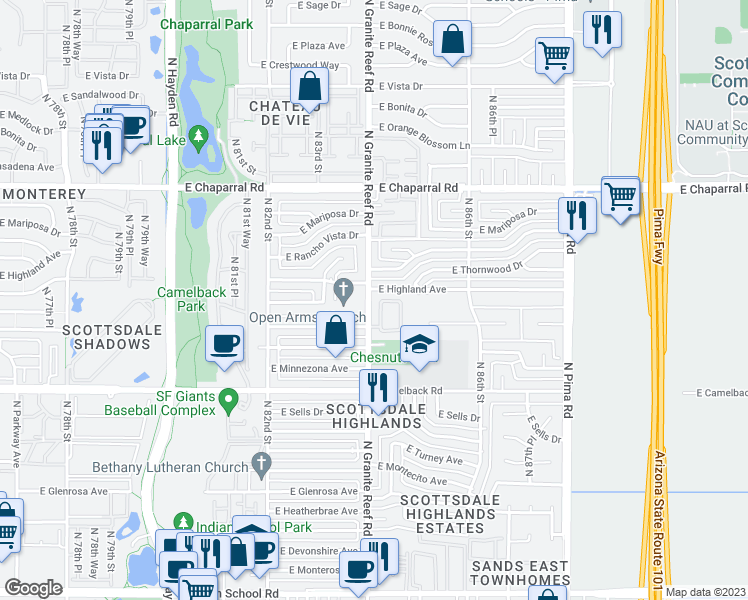 map of restaurants, bars, coffee shops, grocery stores, and more near 8430 East Coolidge Street in Scottsdale