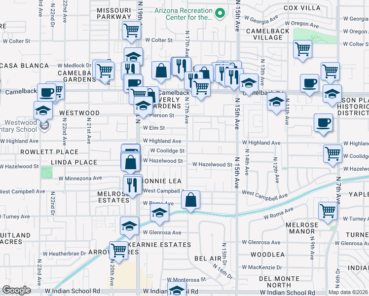 map of restaurants, bars, coffee shops, grocery stores, and more near 1720 West Coolidge Street in Phoenix