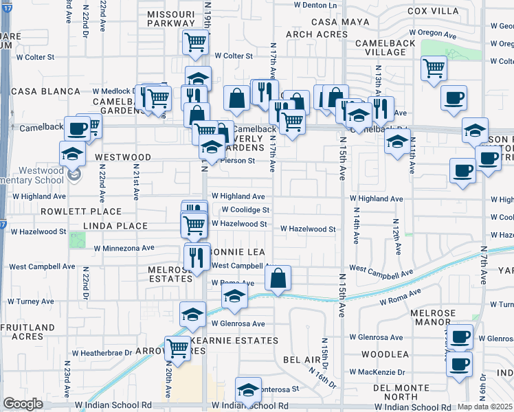 map of restaurants, bars, coffee shops, grocery stores, and more near 1720 West Coolidge Street in Phoenix