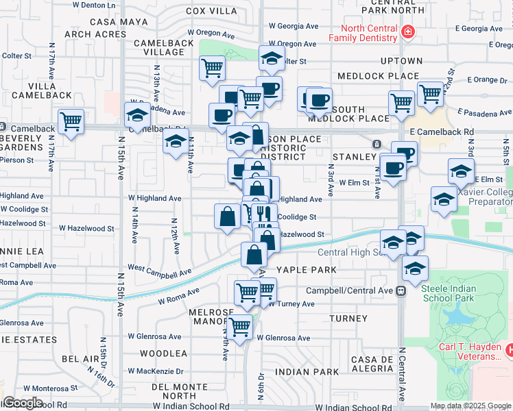 map of restaurants, bars, coffee shops, grocery stores, and more near 4648 North 7th Avenue in Phoenix