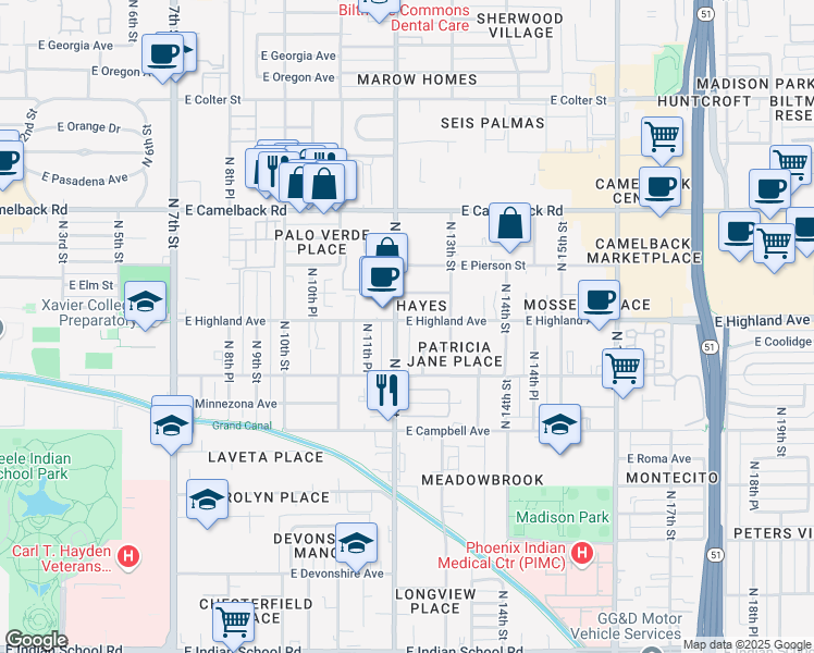 map of restaurants, bars, coffee shops, grocery stores, and more near 4645 North 12th Street in Phoenix