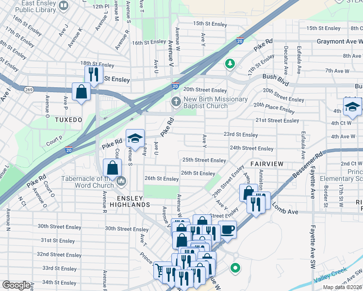 map of restaurants, bars, coffee shops, grocery stores, and more near 2308 24th Street Ensley in Birmingham