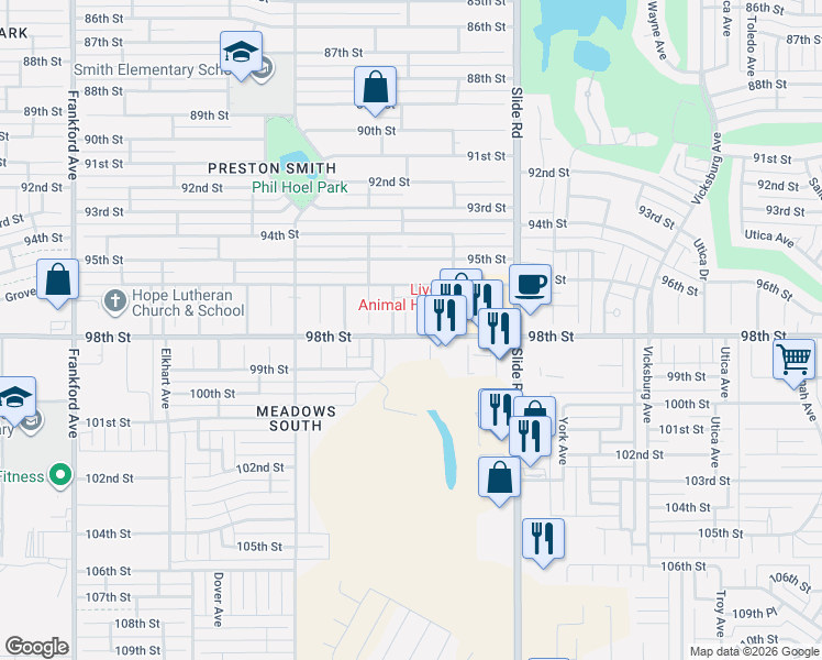map of restaurants, bars, coffee shops, grocery stores, and more near 9706 Aberdeen Avenue in Lubbock