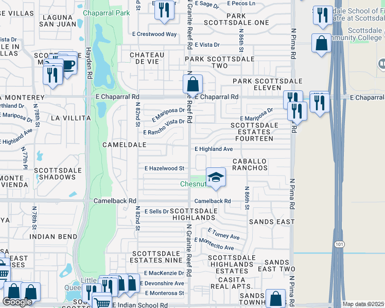 map of restaurants, bars, coffee shops, grocery stores, and more near 8430 East Coolidge Street in Scottsdale