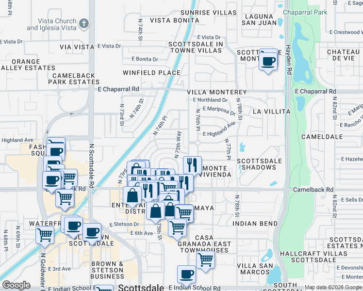 map of restaurants, bars, coffee shops, grocery stores, and more near 4707 North 75th Way in Scottsdale