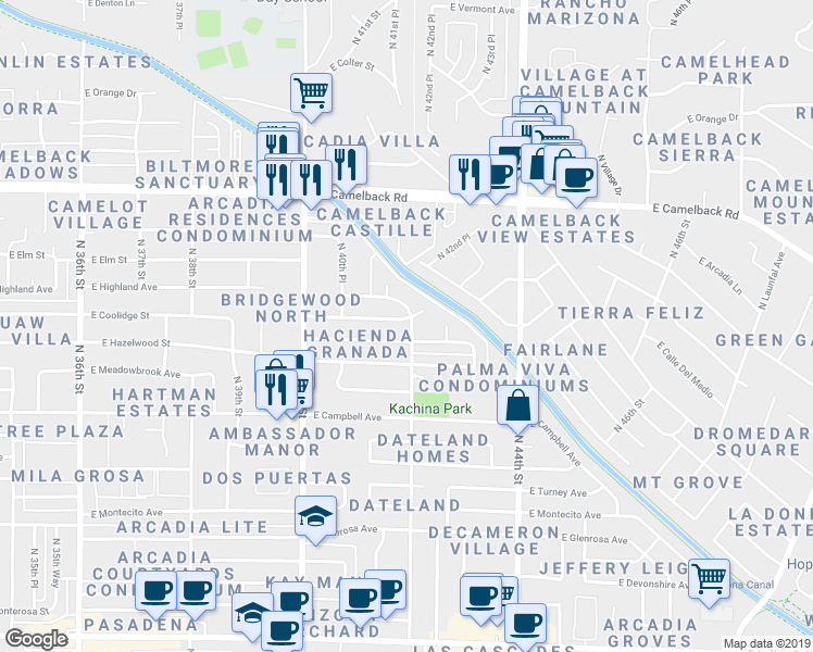 map of restaurants, bars, coffee shops, grocery stores, and more near 4131 East Coolidge Street in Phoenix