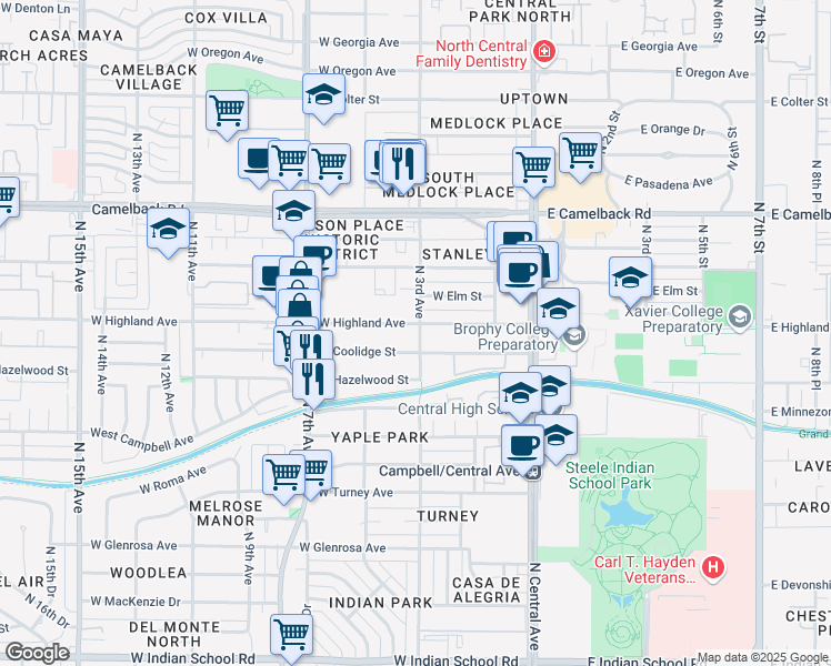 map of restaurants, bars, coffee shops, grocery stores, and more near 303 West Highland Avenue in Phoenix