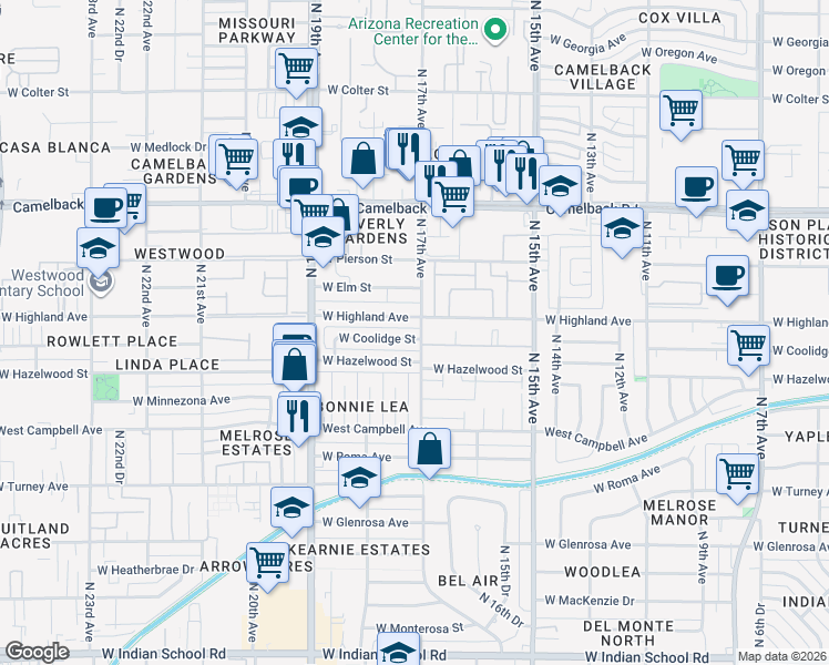 map of restaurants, bars, coffee shops, grocery stores, and more near 1720 West Coolidge Street in Phoenix