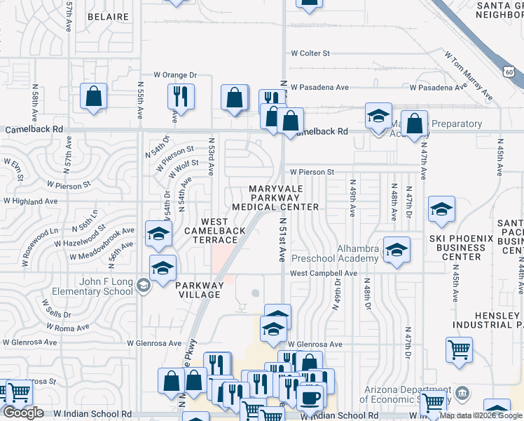 map of restaurants, bars, coffee shops, grocery stores, and more near 4674 North Maryvale Parkway in Phoenix