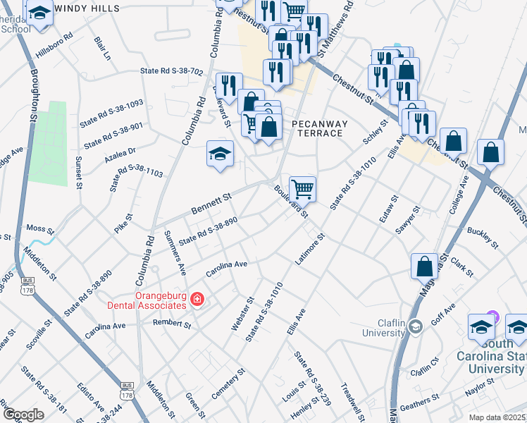 map of restaurants, bars, coffee shops, grocery stores, and more near 921 State Road S-38-890 in Orangeburg