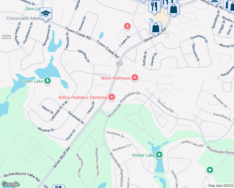map of restaurants, bars, coffee shops, grocery stores, and more near Woodside Plantation Drive in Aiken
